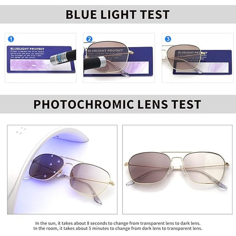 JM Aviator Mens Gold Square Photochronic Color Darkening Blue Light Glasses