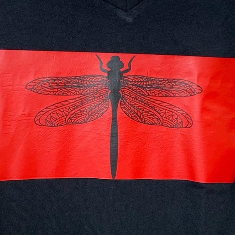 New Upcycled Hand Printed Womens Small Black Dragonfly Short Sleeve VNeck Tee