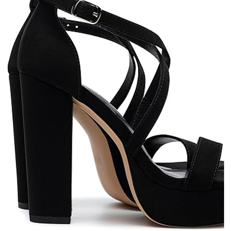 Trary Women Size 7.5 Black Faux Suede 4.5" Block Heel Open Toe Ankle Strap Shoes