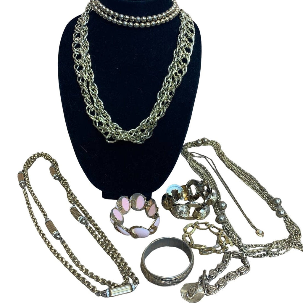 10 Piece Vintage Gold Toned Chain Link Beaded Necklace Bracelet Jewelry Lot