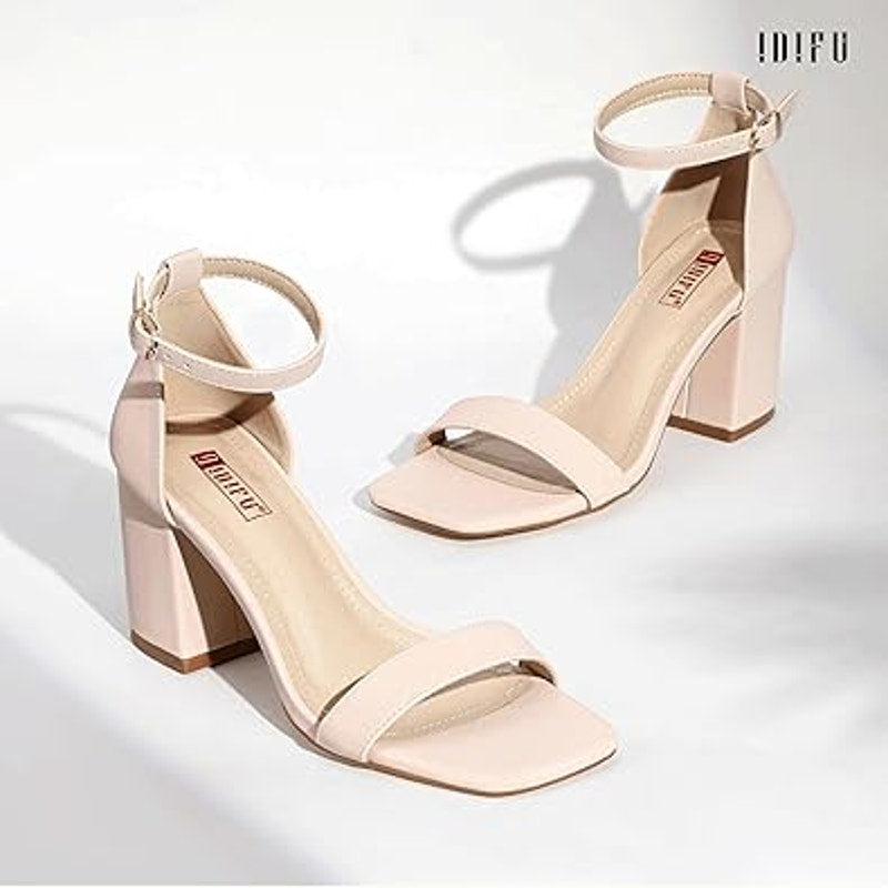 Idifu Womens Size 8 Pinky Tan Open Toe 3" Block Heel Ankle Strap Sandal Shoes