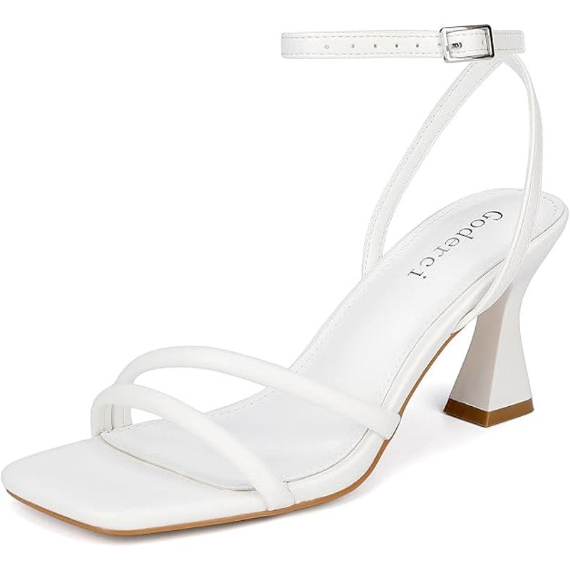 Goderci Womens Size 8.5 White 3" Heel Open Square Toe Ankle Strap Shoes