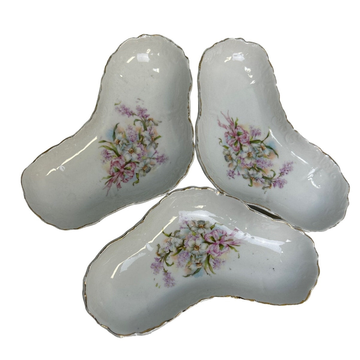 Set of 3 Vintage Heart Shaped Triangle Ceramic Shallow Floral Dishes Tablescape