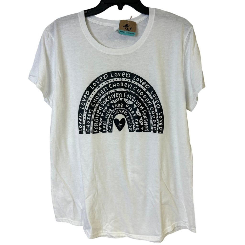 New Hand Printed Womens Large Jesus Loved Chosen Forgiven Free Rainbow Tee Shirt