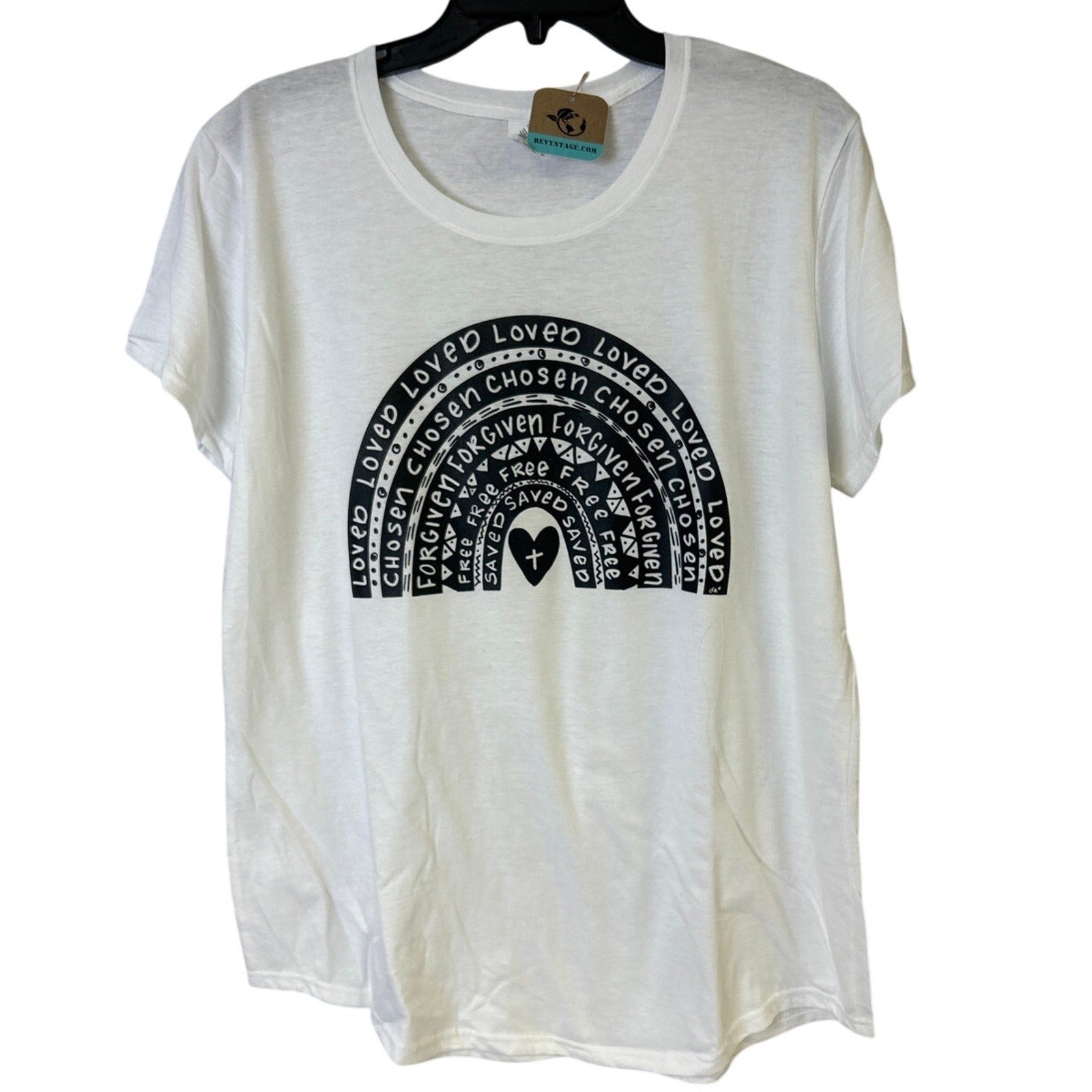 New Hand Printed Womens Large Jesus Loved Chosen Forgiven Free Rainbow Tee Shirt
