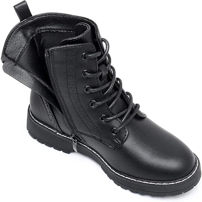 Apakowa Girls Size 5 Black Faux Leather Combat Boots Side Zipper Ankle Booties
