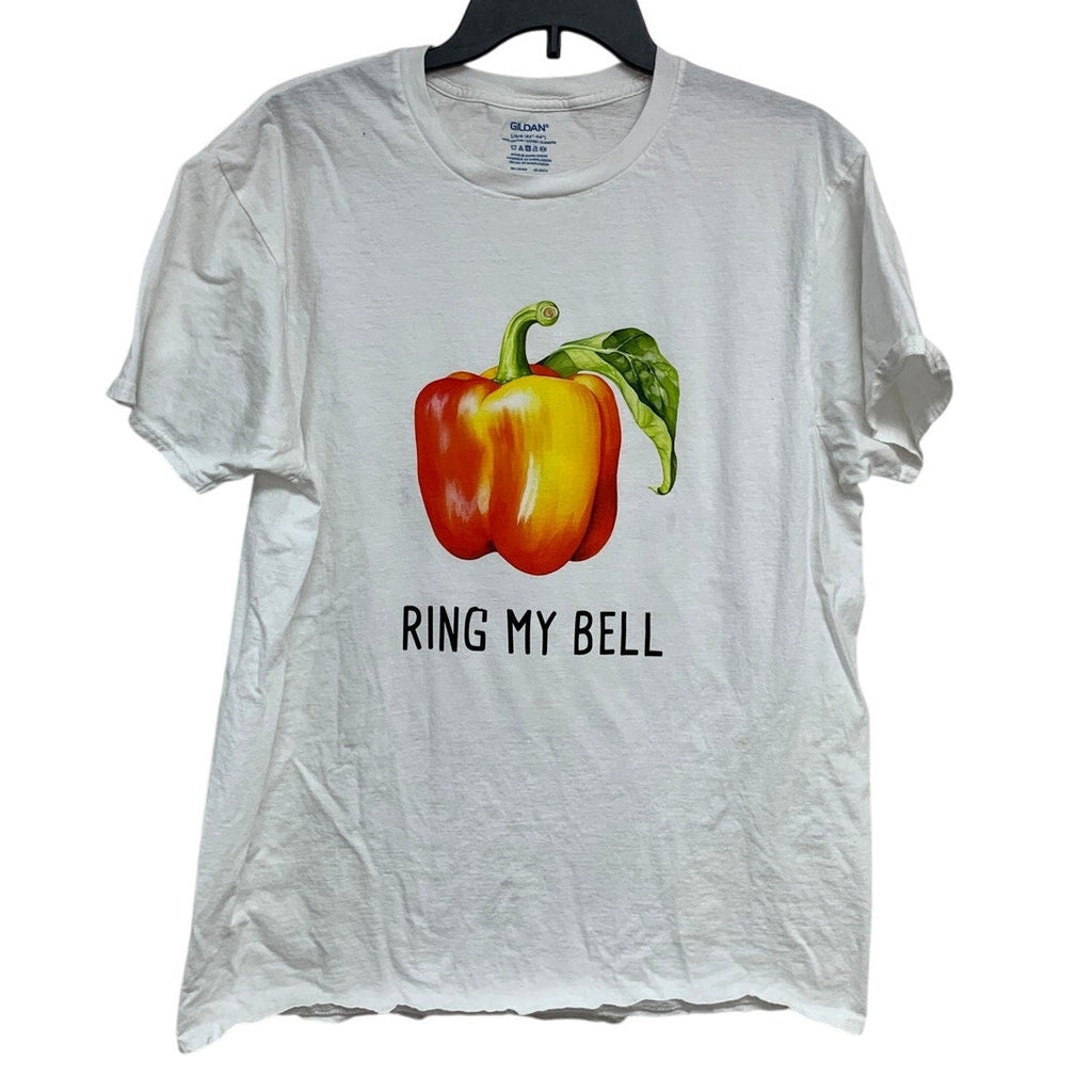 New Hand Printed Adult Large Ring My Bell Pepper Veggie Short Sleeve Tee Shirt