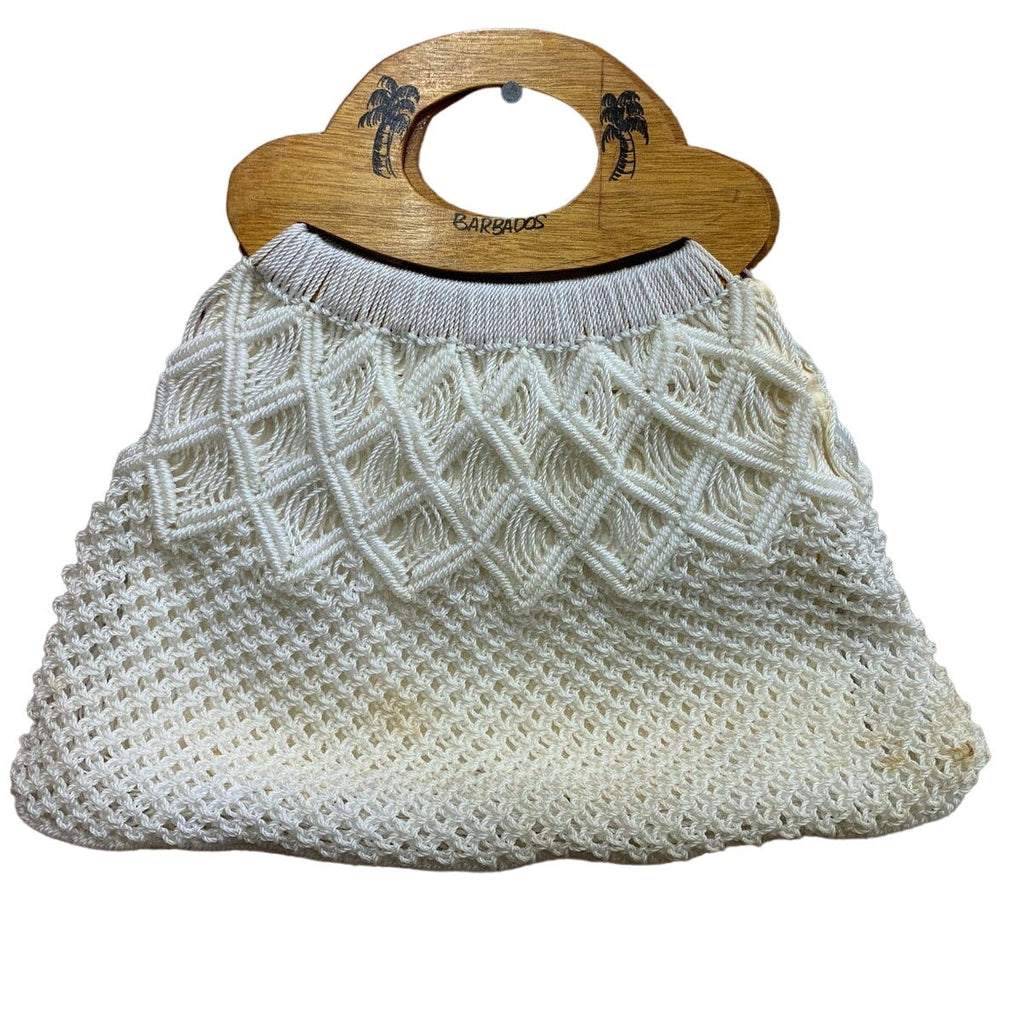 Plastic Fish Net Hand Woven Tropical Barbados Wooden Handle Purse Handbag