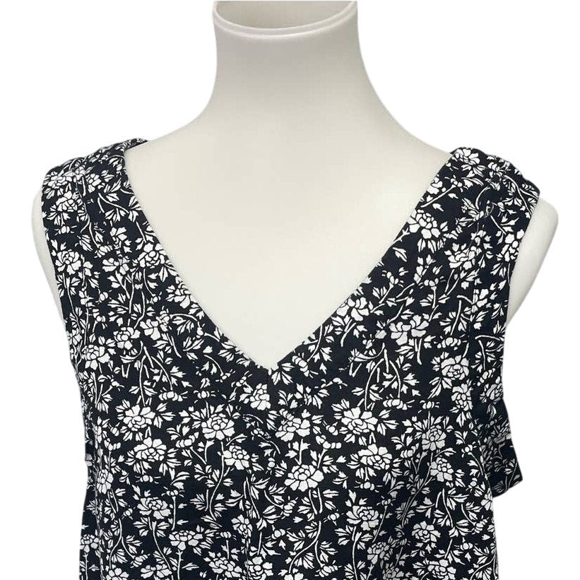 LOFT Womens Medium Sleeveless Black White Floral Linen Viscose Blend Dress