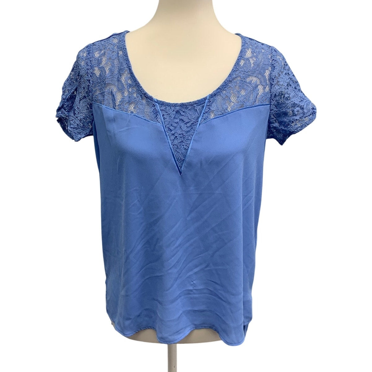 Express Womens Small Lace Chest Detail Solid Blue Short Sleeve Top Blouse