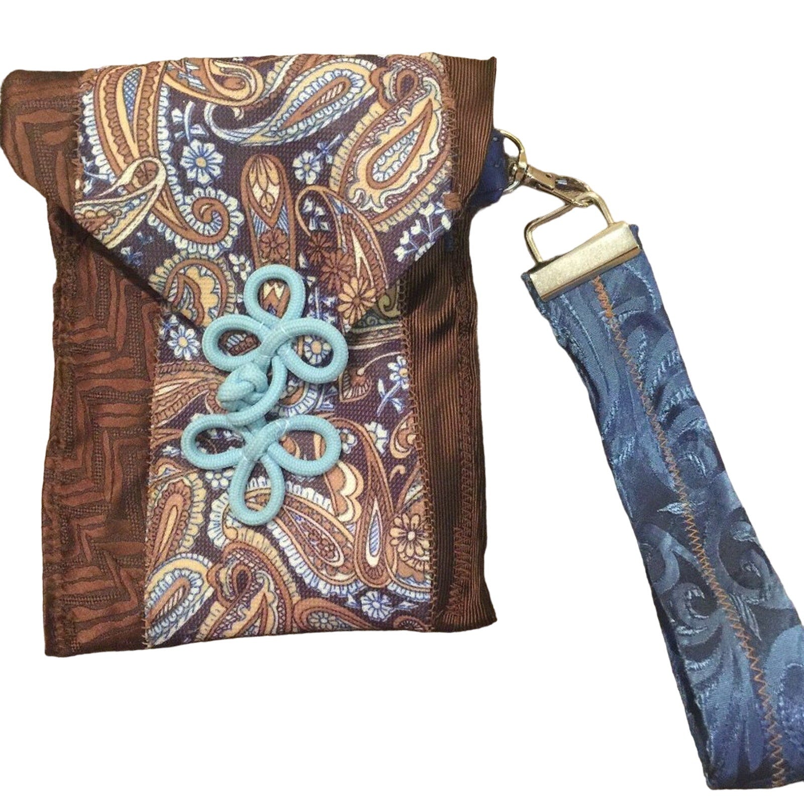 Handmade Upcycled Vintage Brown Blue Neck Tie Cell Phone Wristlet Purse Bag