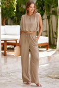 Solid Keyhole Puffy Tank and Pants Set