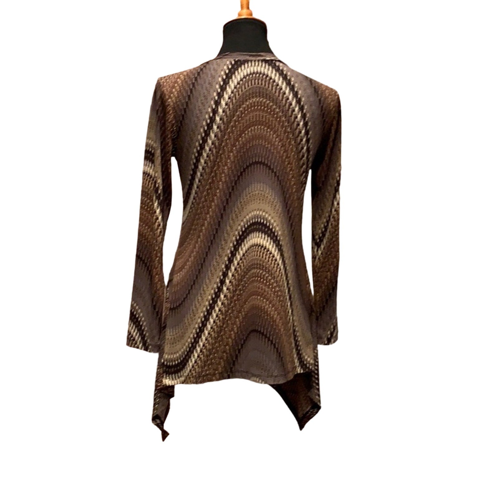 Sharon Max Small 1960s Inspired Brown Flowy Zig Zag Chevron Long Tunic Top