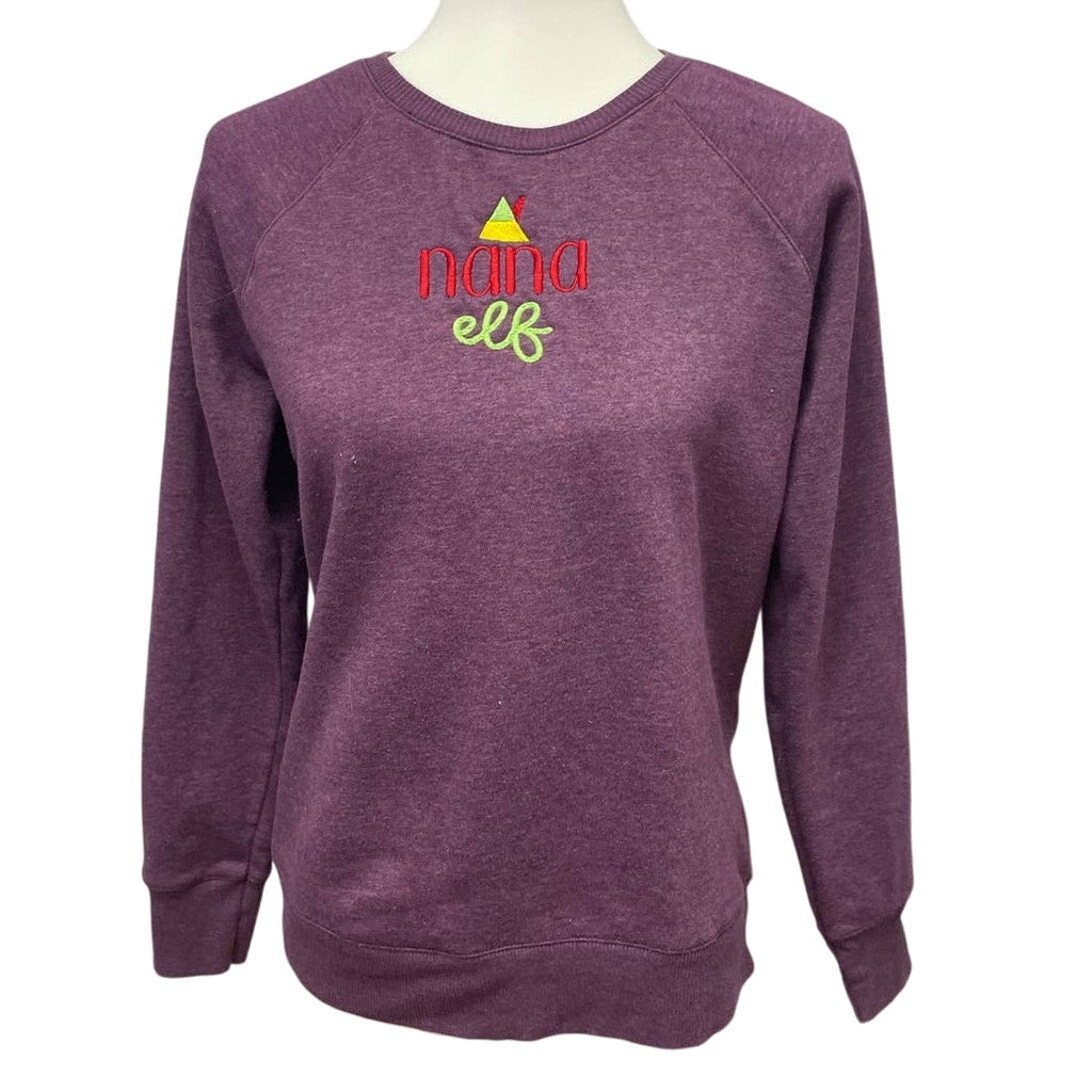 Nana Elf Womens Small Embroidered Christmas Crew Neck Cotton Blend Sweatshirt
