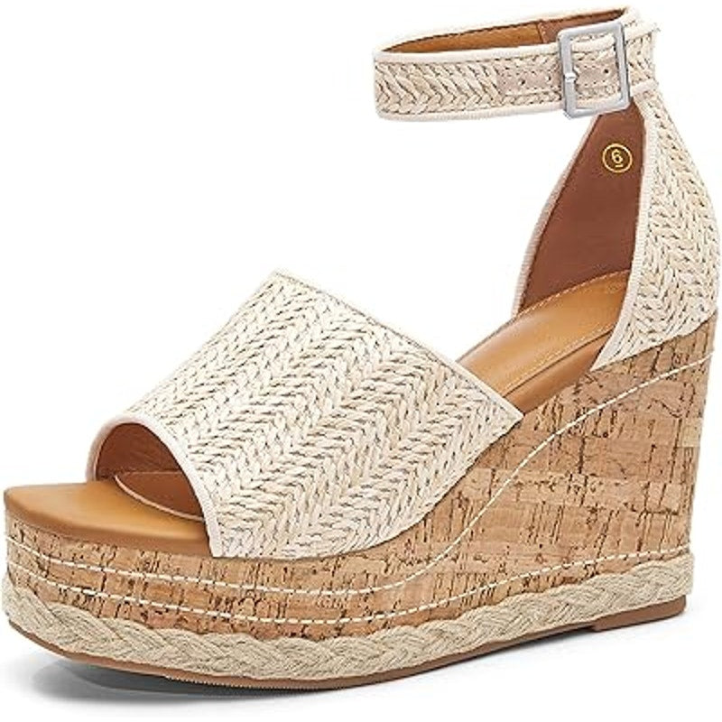 R Gallica WomensSize 7 Tan 4" Platform Wedge Open Toe Espadrille Sandal Shoes