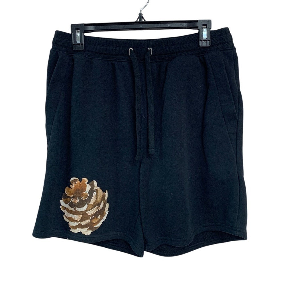 Upcycled Hand Printed Womens Medium Rustic Pinecone Drawstring Waist Shorts