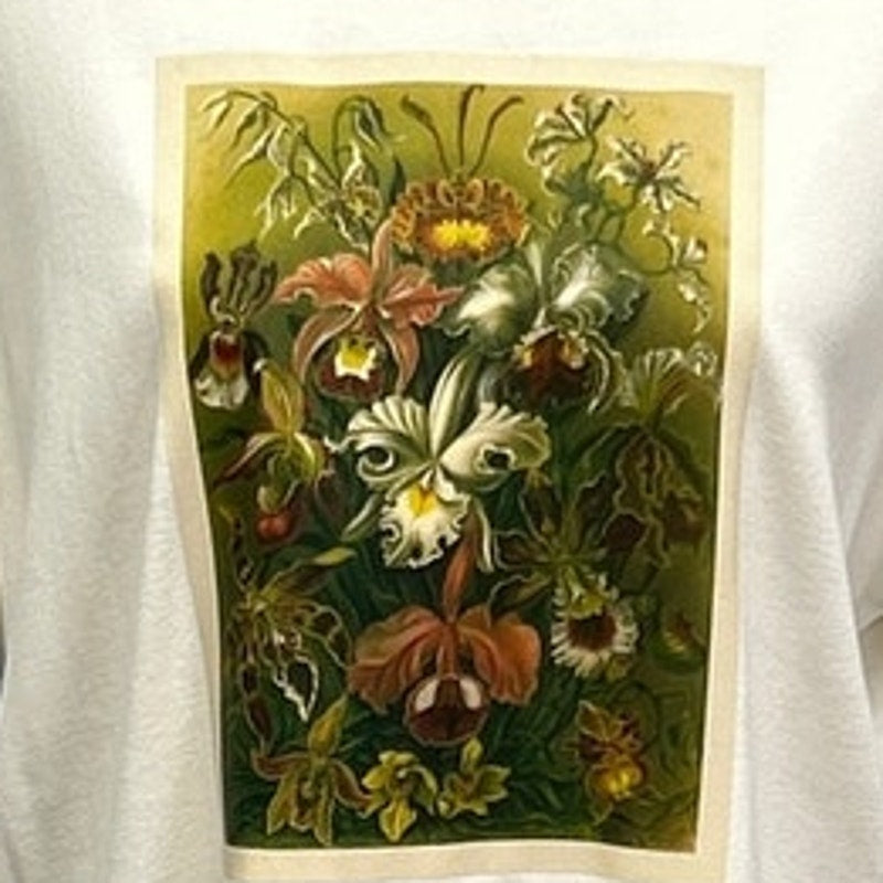 Hand Printed Upcycled Womens XXL Vintage Orchid Botanical Flower Tee Shirt