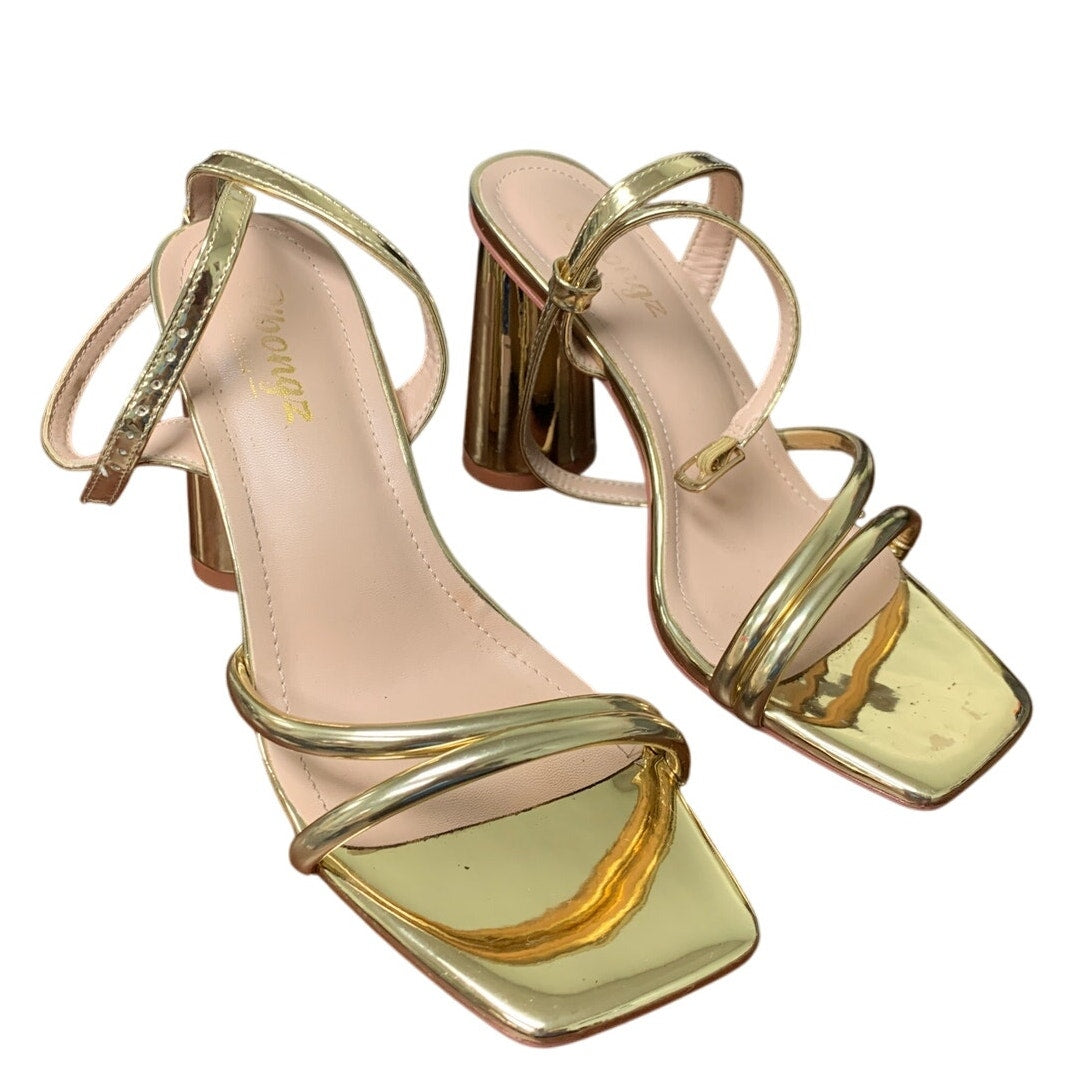 Ribongz Womens Size 6.5 Shiny Gold 4" Block Heel Open Toe Ankle Strap Shoes