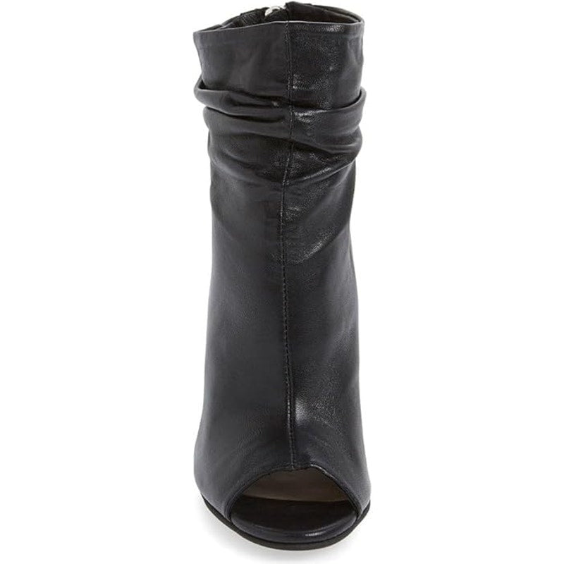 FSJ Womens Size 8 Black 4" Chunky Heel Ankle Boots Round Peep Toe Back Zip Shoes