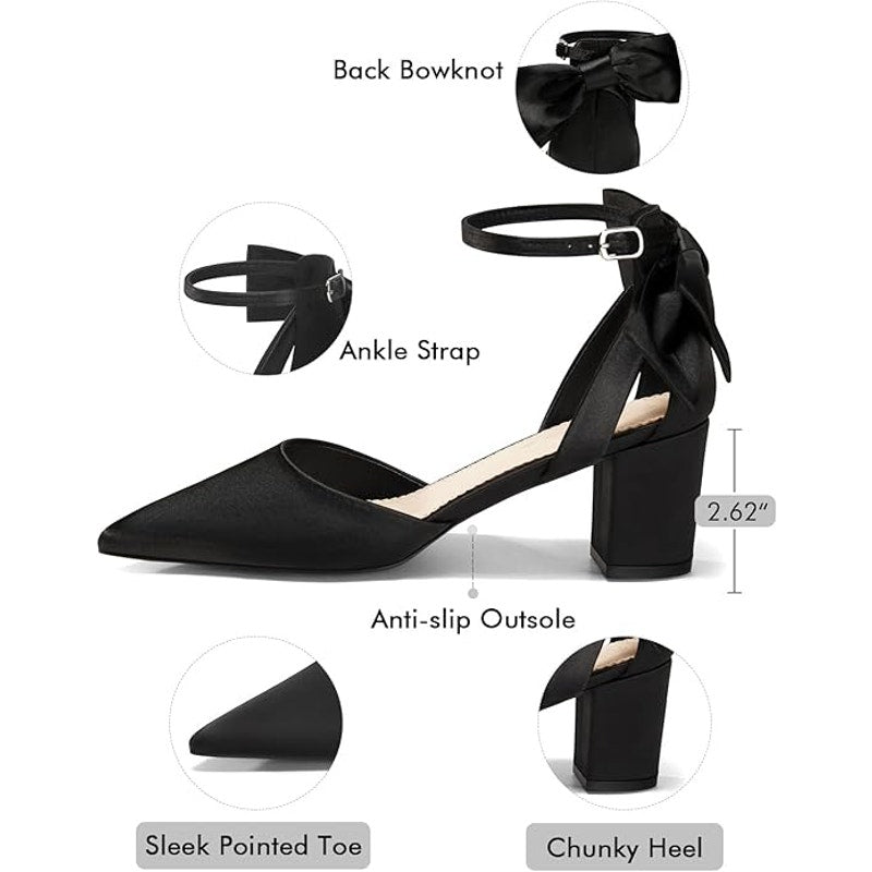 Coutgo Womens 8 Black 2.5" Chunky Heel Pointed Toe Ankle Strap Back Bow Shoes