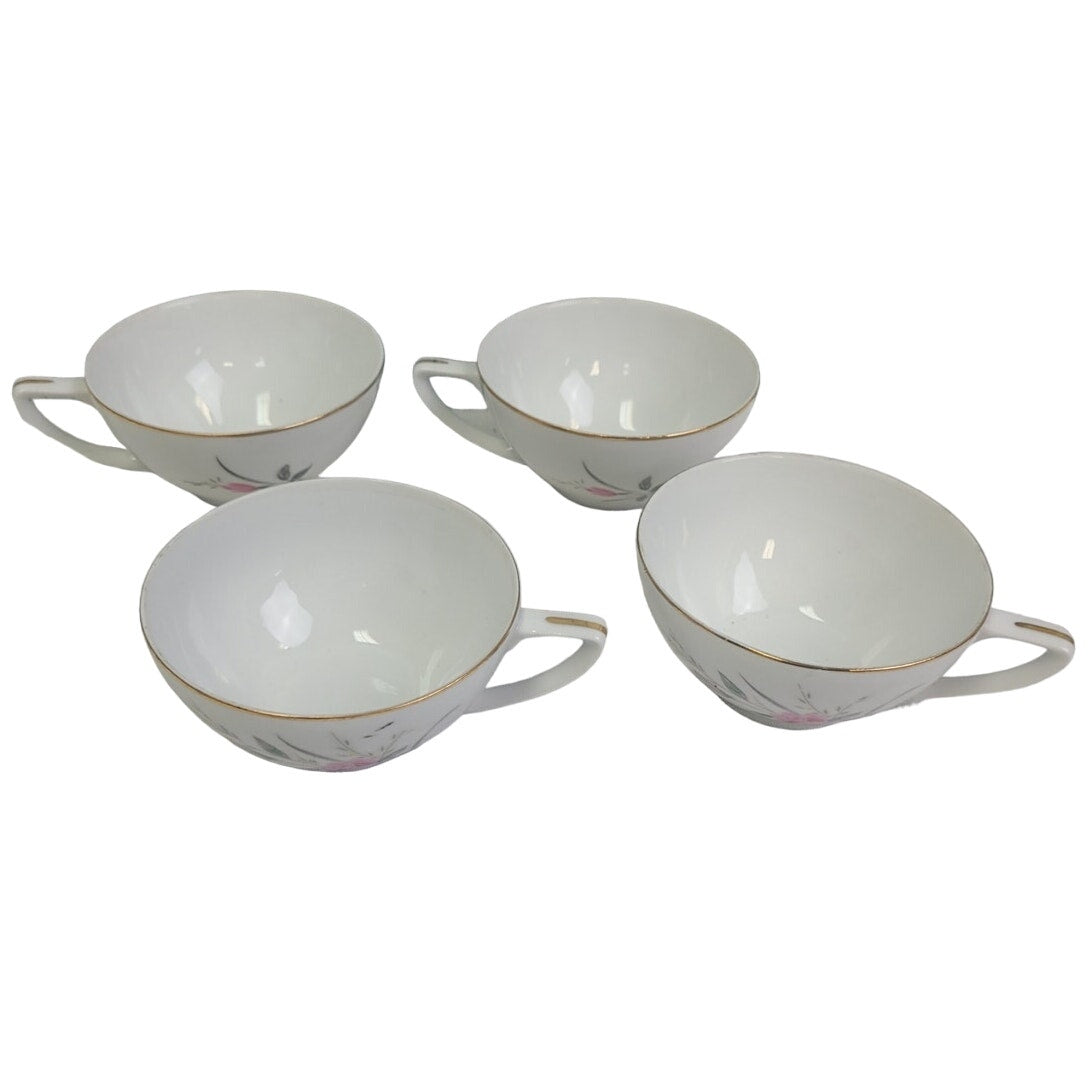 Set of 4 Vintage Golden Rose Flower Gold Rim Fine China Japan Teacups Saucers