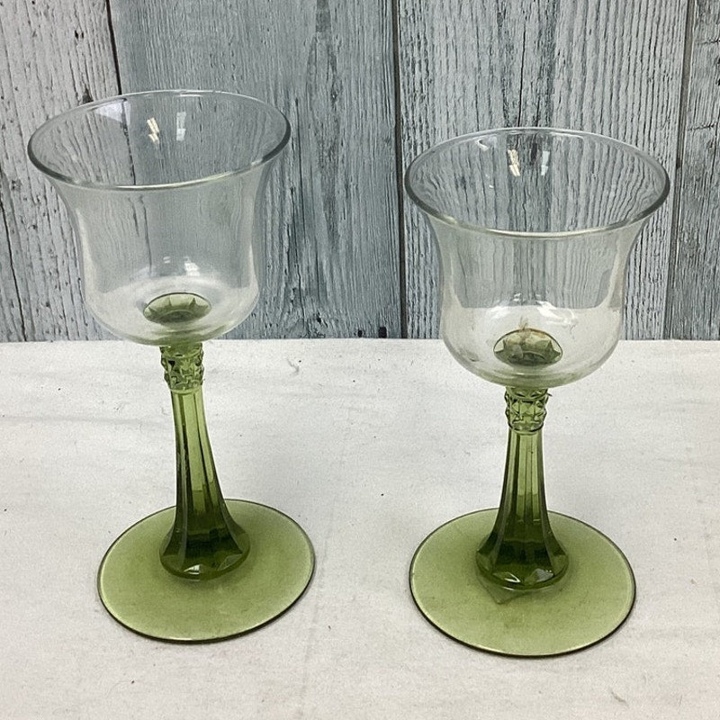 Set of 2 Vintage PartyLite Green Glass Stem Votive Tealight Candle Holders