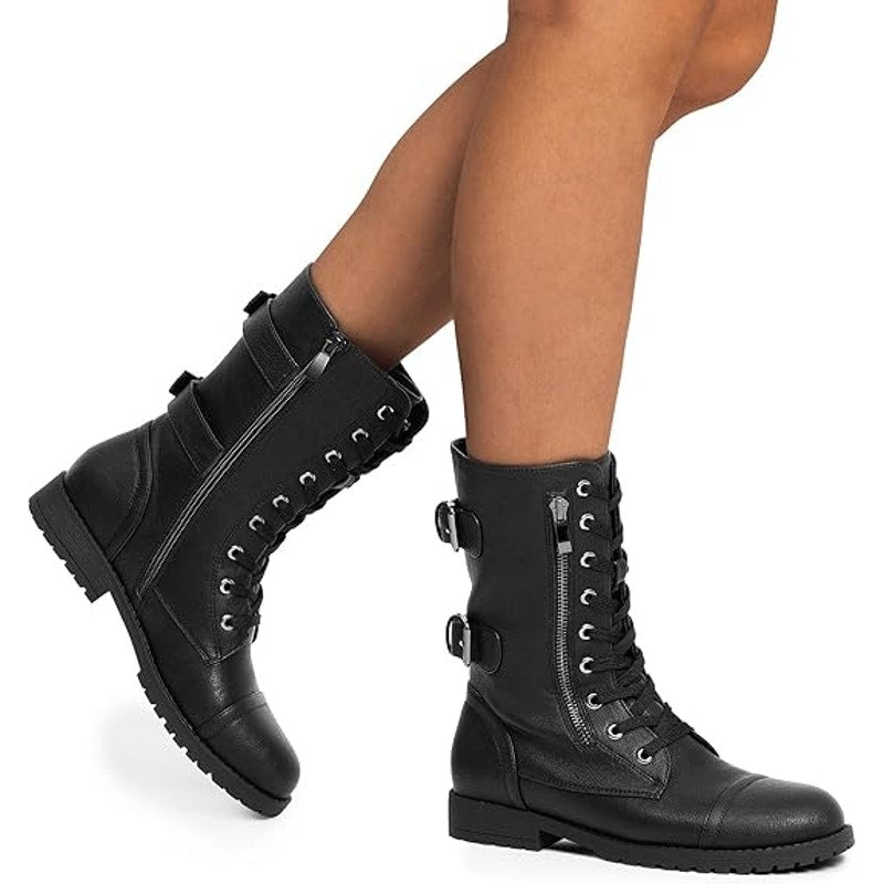 Dream Pairs Womens Size 7 Black Faux Leather Lace Up Mid Calf Combat Boots