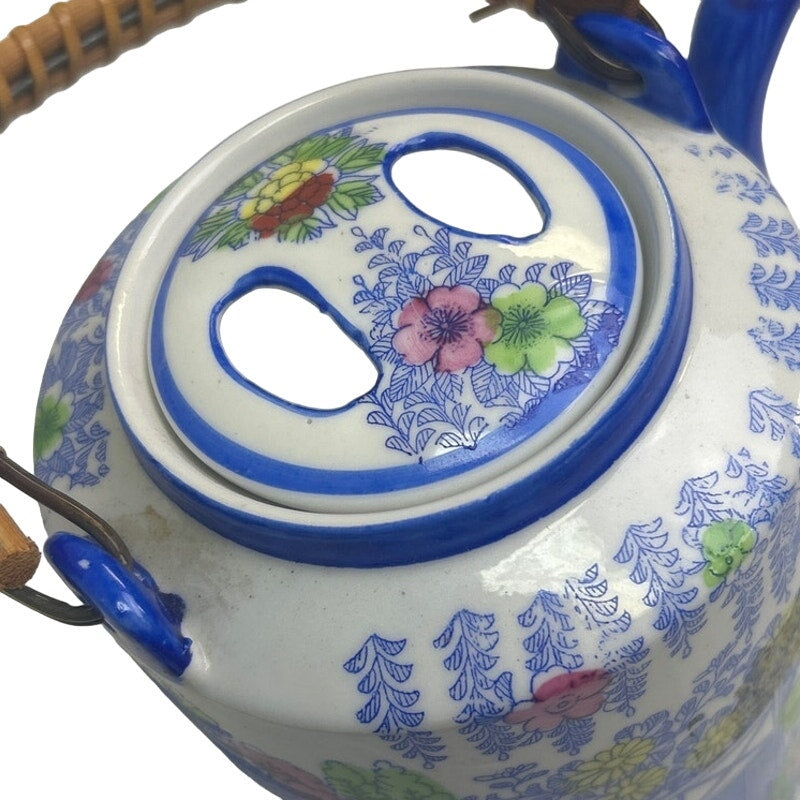 Vintage Japanese Blue Painted Ceramic Teapot Teacup Set Bamboo Handle