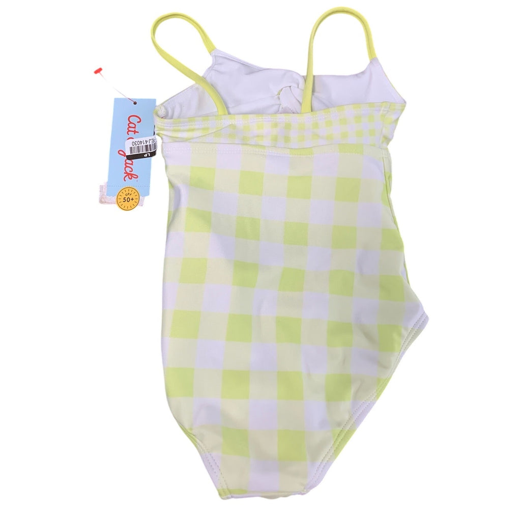 New Cat & Jack Girls Size XS (4/5) Keyhole Front Neon Yellow Check 1PC Swimsuit