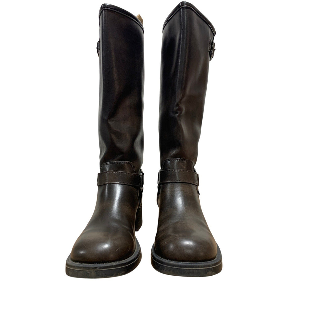 Aminugal Womens Size 7.5 Brown Faux Leather Knee High Square Toe Pull On Boots
