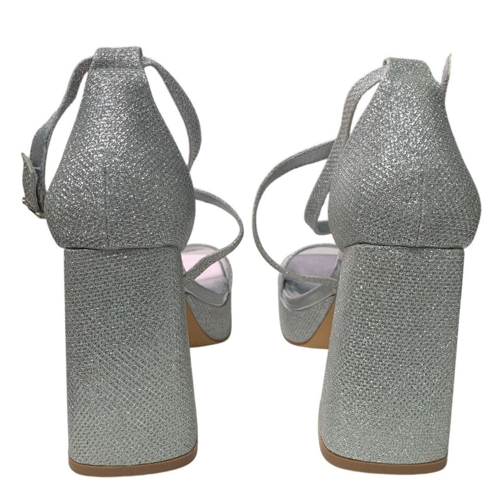Idifu Womens 7.5 Silver Gillter Open Toe 4" Block Heel Ankle Strap Sandal Shoes