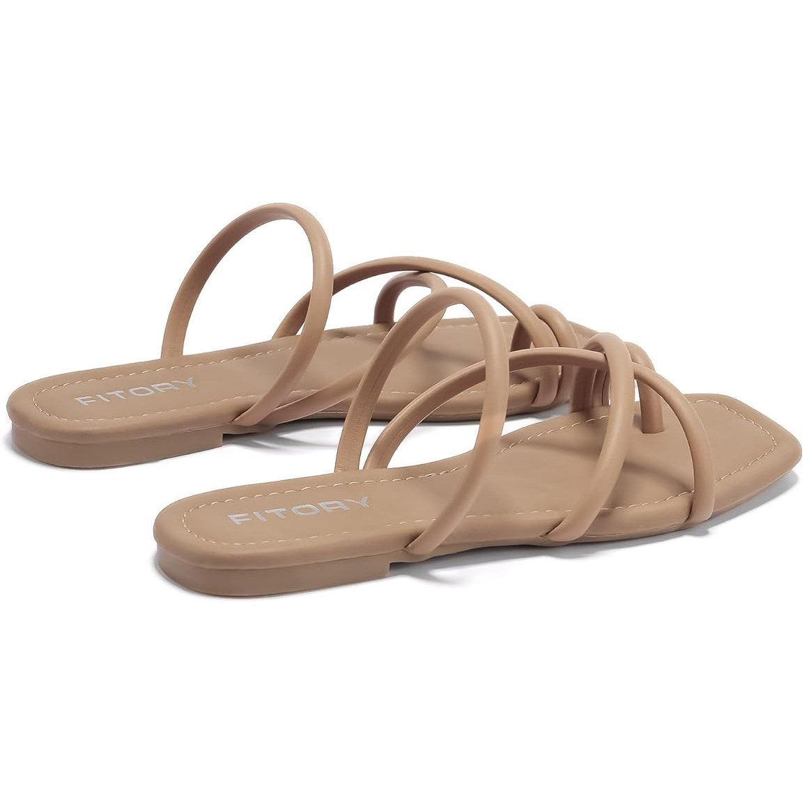 Fitory Womens Size 9 Tan Faux Leather Toe Ring Slide On Cross Strap Sandal Shoes