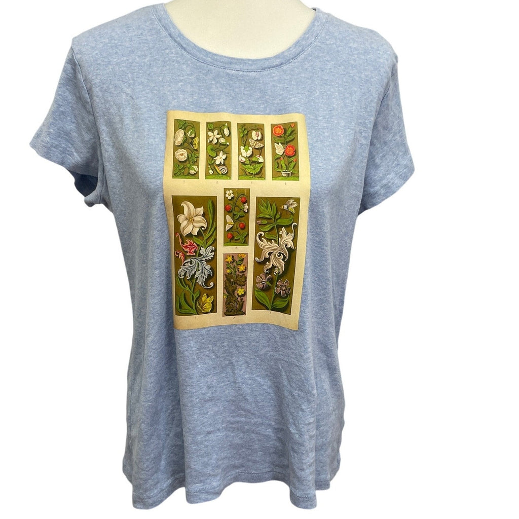 Hand Printed Upcycled XL Vintage Book Page Flower Butterfly Bee Tee Shirt