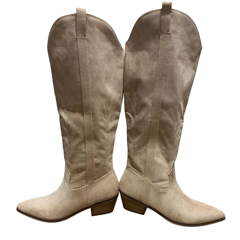 New Women Size 8.5 Tan Faux Suede Embroidered 2" Block Heel Cowboy Cowgirl Boots