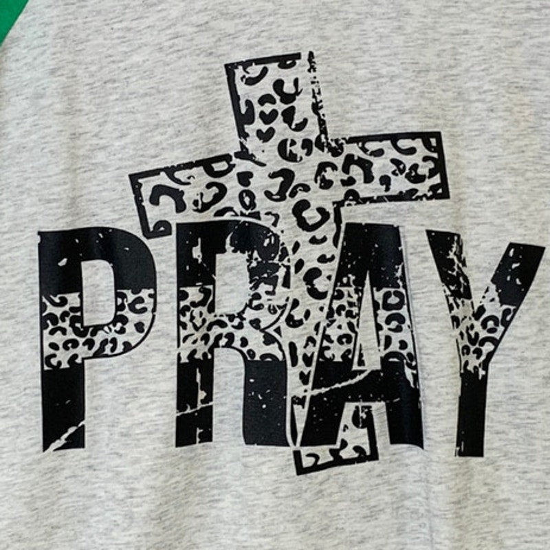 New Hand Printed Womens Medium Cheetah Cross Pray Long Sleeve Raglan Tee Shirt