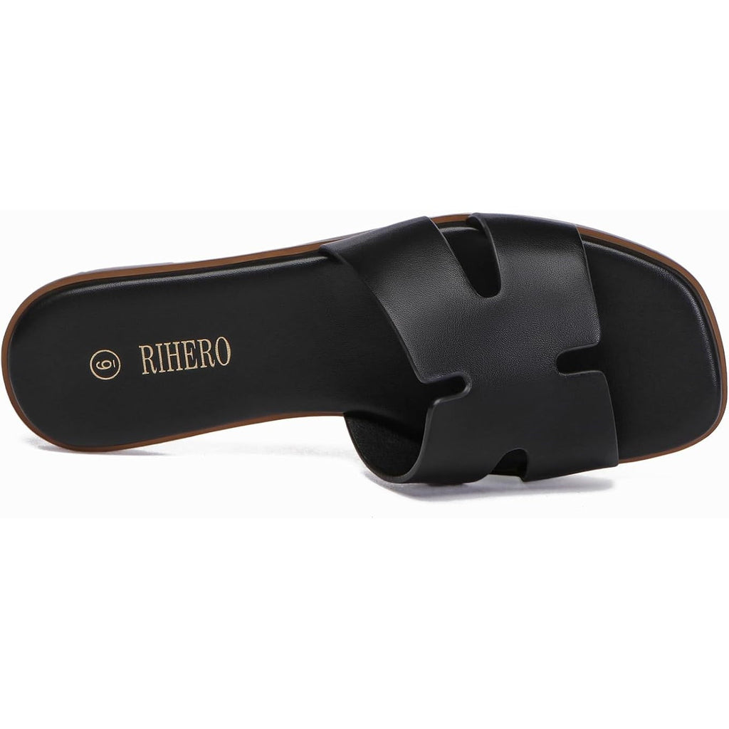 Rihero Womens Size 7 Black Sandals Flats Slip On Square Open Toe Slides Shoes