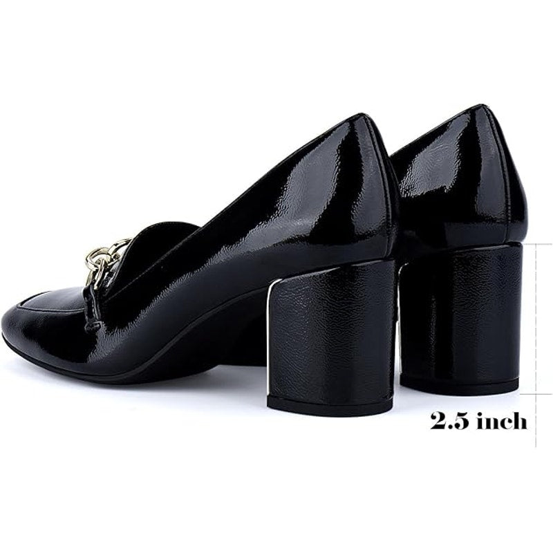 New Jenn Ardor Womens Size 8.5 Black Faux Leather Gold Chain 3" Block Heel Shoes