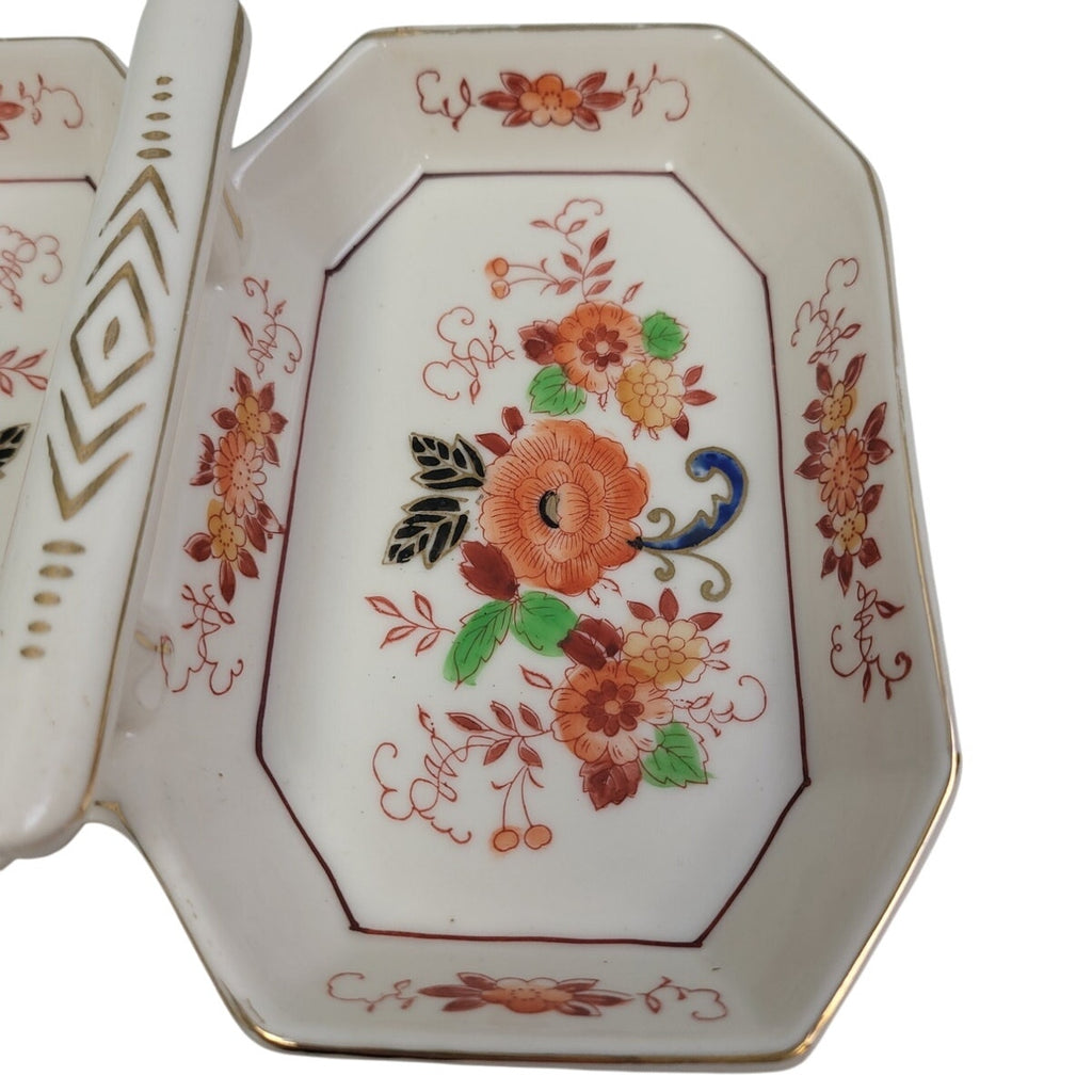 Vintage Made In Japan Floral Fine China Hand Painted Divided Plate Dish w Handle