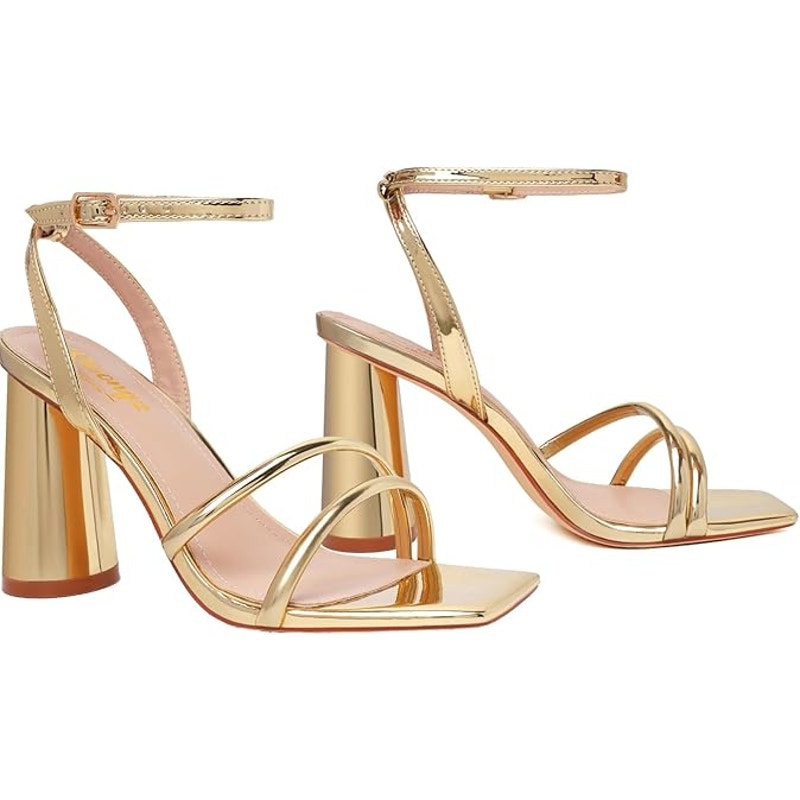 Ribongz Womens 8.5 Shiny Gold Open Toe 4" Chunky Heel Ankle Wrap Sandal Shoes