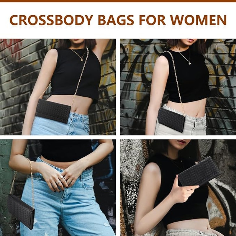 U+U Womens Black Faux Leather Woven Removeable Chain Crossbody Purse Bag