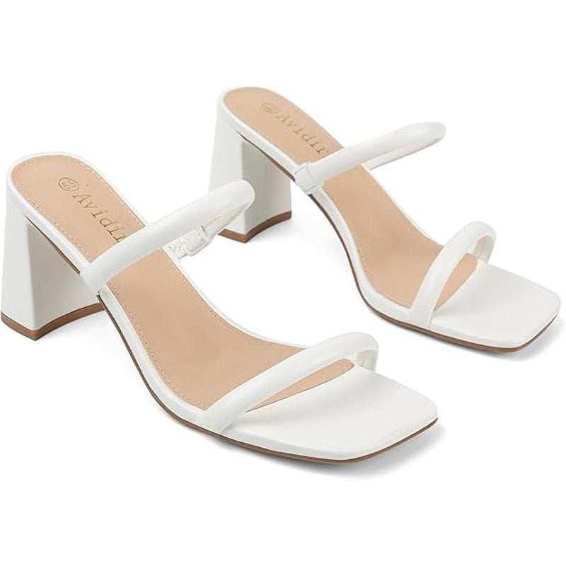 Avidirk Womens Size 7.5 White 2 Strap Slide On Open Toe 3" Chunky Heel Sandals