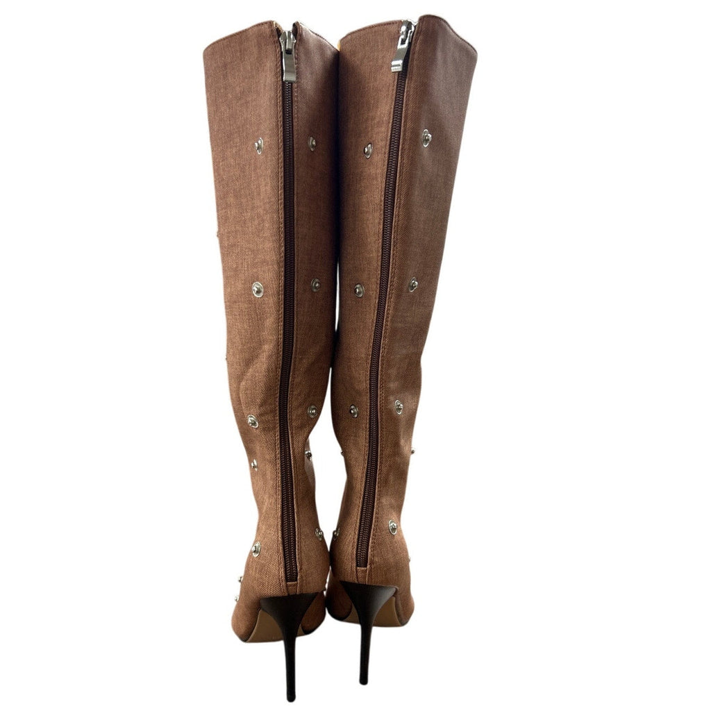 New Arqa Womens 7.5 Brown Faux Leather Studded 4" Heel Knee High Boots Shoes