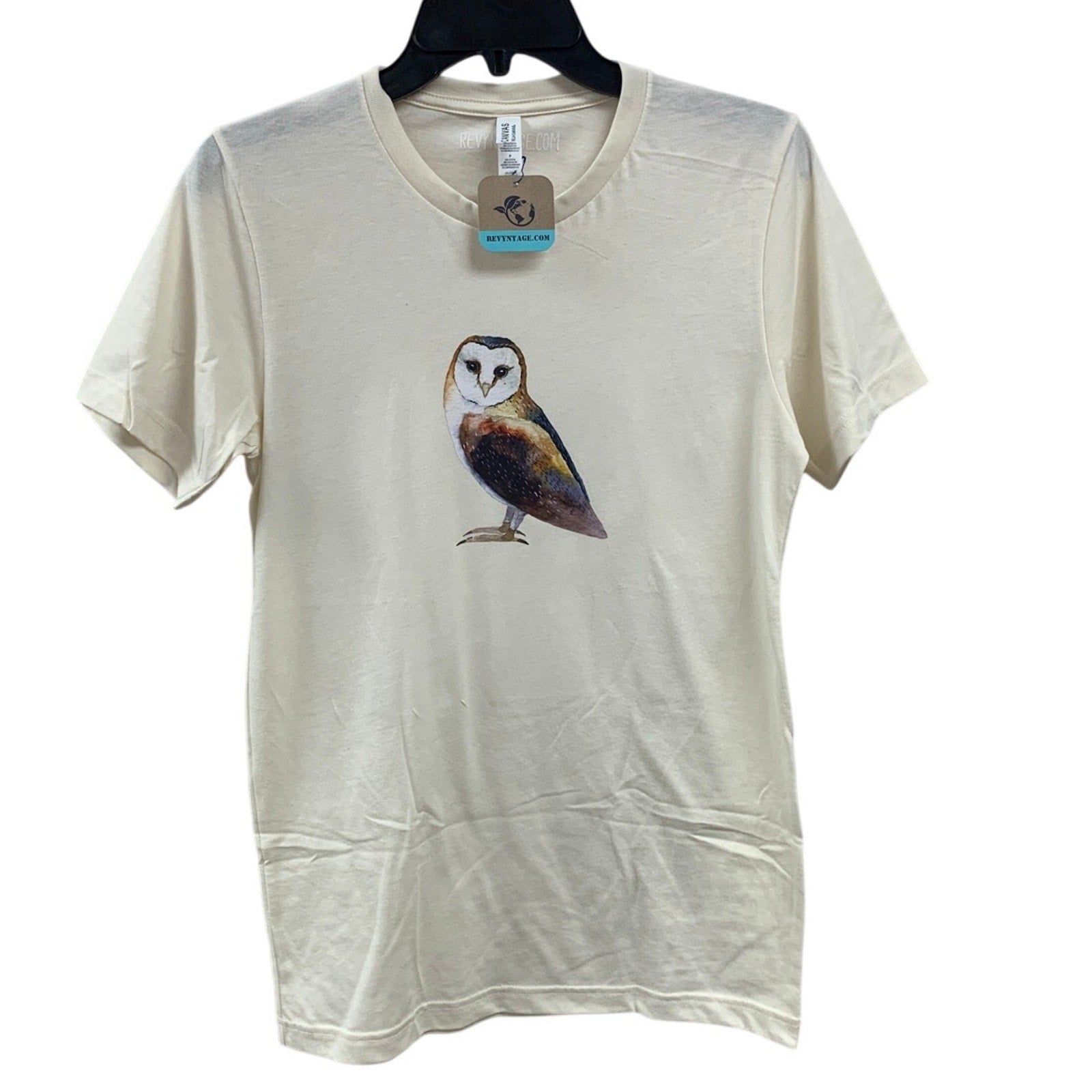 New Hand Printed Womens XS Ivory Woodland Owl Bird Short Sleeve Tee Shirt