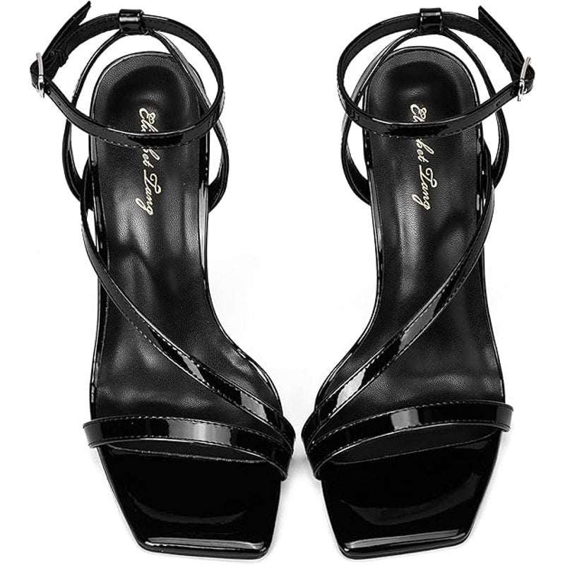 Elisabet Tang Womens Size 8 Black 4.25" Heels Open Square Toe Ankle Strap Shoes