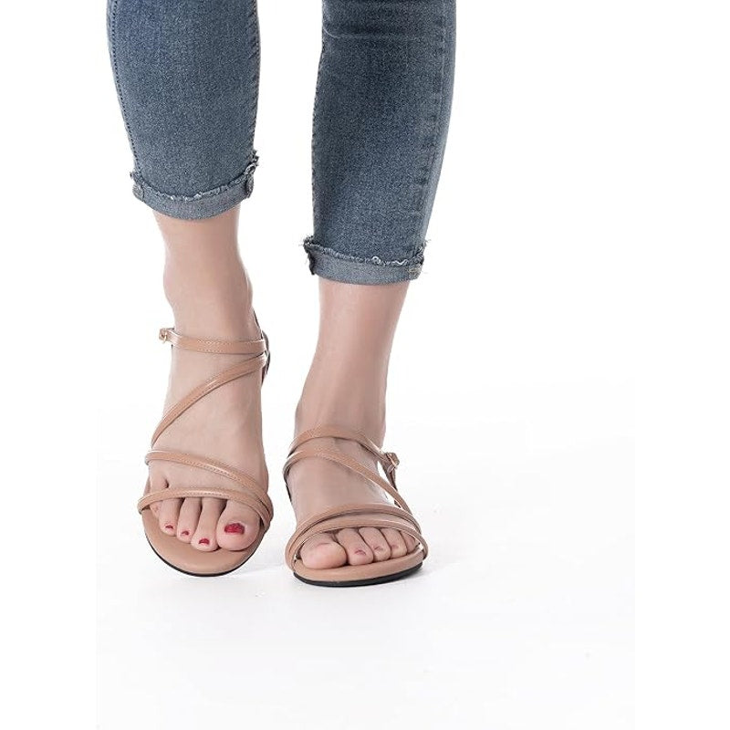 Mtzyoa Women Size 9 Nude Faux Leather Sandals Open Round Toe Ankle Strap Shoes