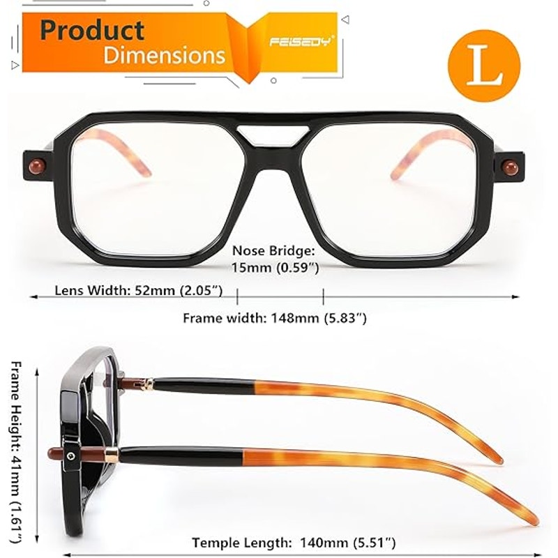 Feisedy Womens Black Vintage Square Blue Light Blocking +2.5 Reading Glasses