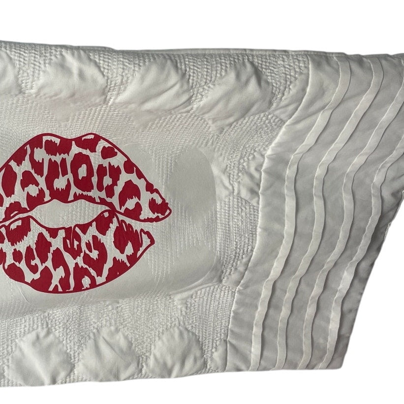 Hand Printed Upcycled Valentine Leopard Spot Kiss Lips King Size Pillow Sham