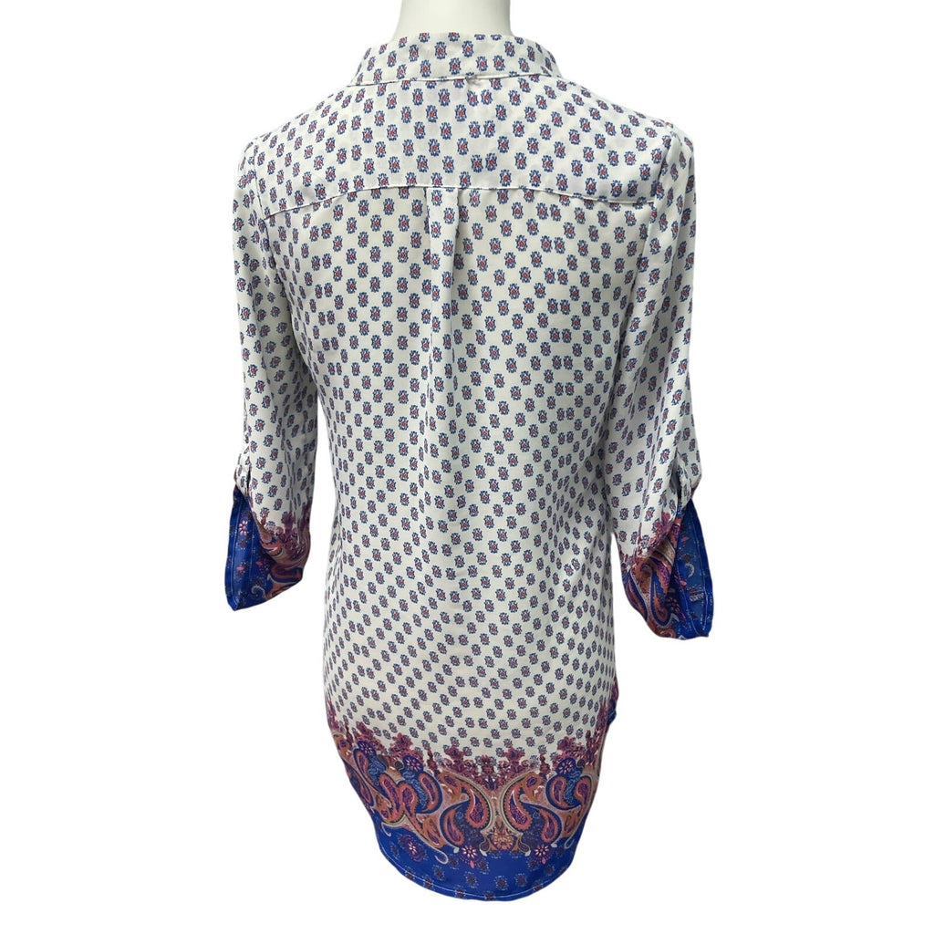 Wishful Park Small Red Blue White Floral Polka Dot Hi Low 1/2 Button Blouse Top