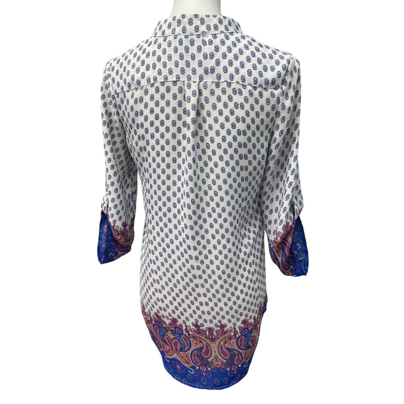 Wishful Park Small Red Blue White Floral Polka Dot Hi Low 1/2 Button Blouse Top