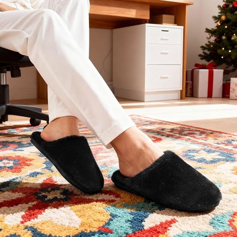 Snug Leaves Womens Size 9-10 Black Fuzzy Slippers Memory Foam Slip On Shoes